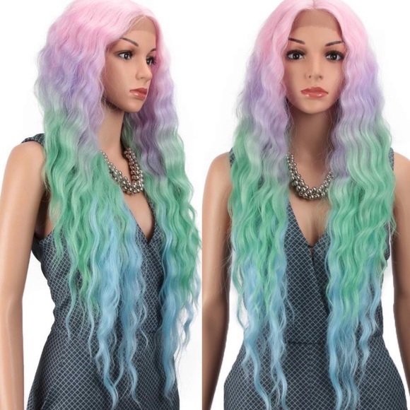 ✨28” RAINBOW UNICORN LOOSE WAVY LACE FRONT WIG NWT main image 5